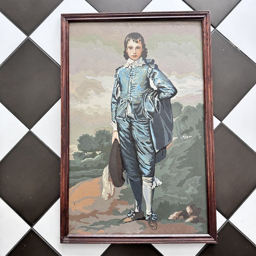 Vintage XL Paint by Numbers Blue Boy 29.5” X 19.5” Framed MCM Wall Art Kitsch - Picture 3 of 8